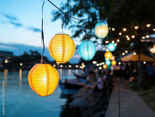 Colorful Lanterns Hanging Over a Serene Waterfront at Dusk photo