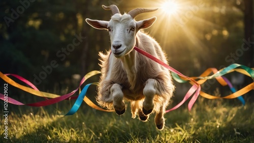 A joyful goat leaps through a meadow, pulling colorful ribbons in sunlight. photo