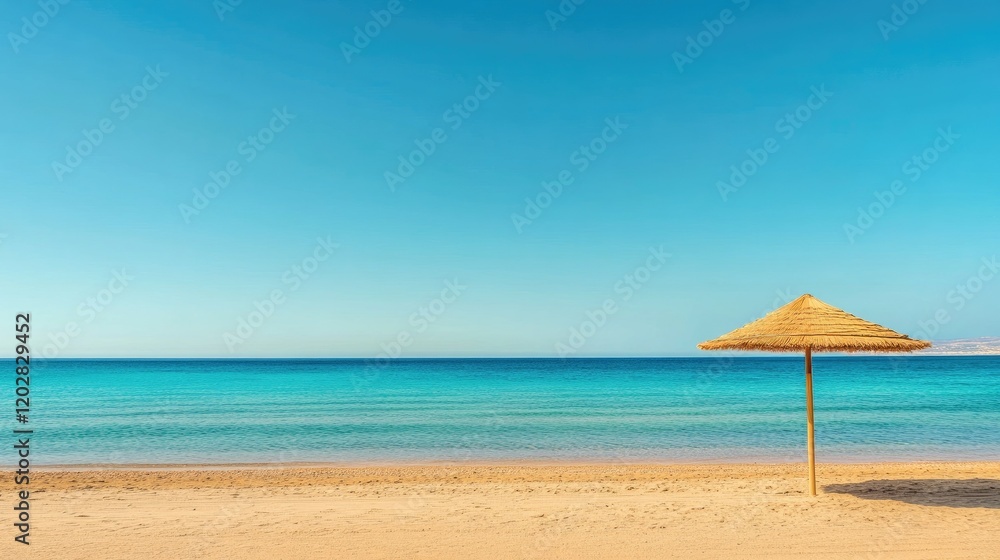 A wide view of a beach umbrella against a vivid blue sky, with the tranquil sea and clear weather. A wide view of a beach umbrella against a vivid blue sky, with the tranquil sea and clear weather.