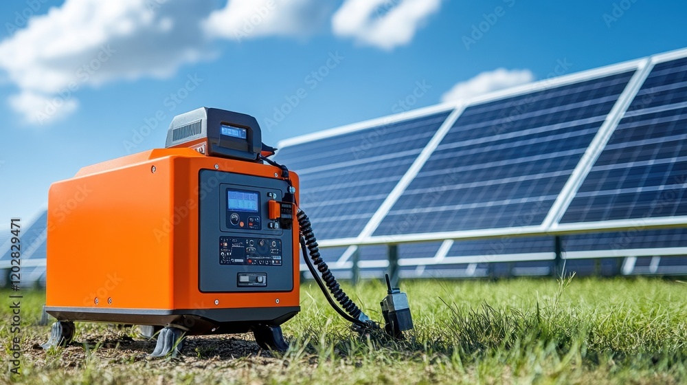 A compact solar-powered generator with solar panels positioned nearby.