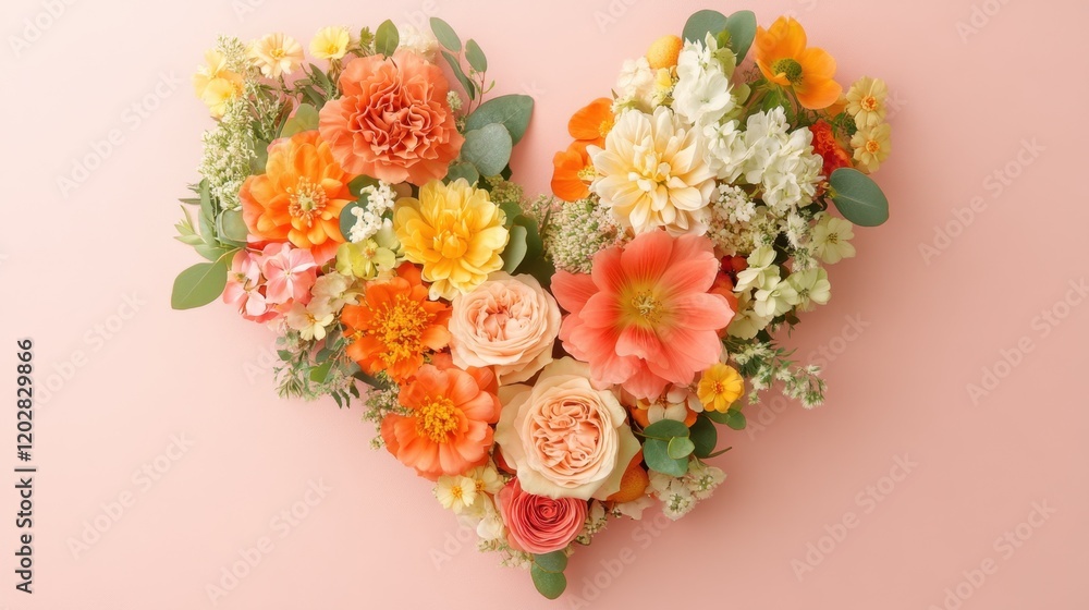 A creative arrangement of Easter flowers forming a heart shape on a light pink background. A creative arrangement of Easter flowers forming a heart shape on a light pink background.