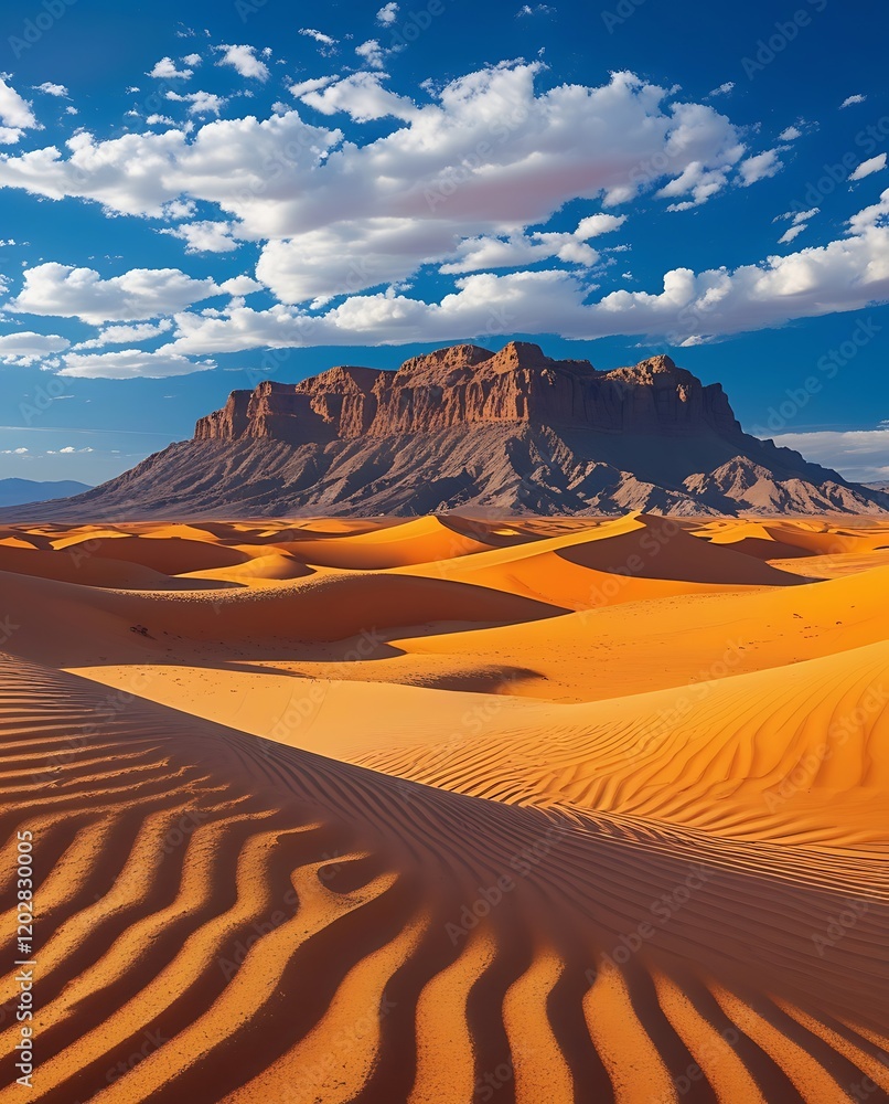 Fototapeta premium Majestic Mountain Overlooking Golden Desert Sand Dunes Under Blue Sky and Clouds, Showcasing the Serenity and Immensity of the Desert Landscape