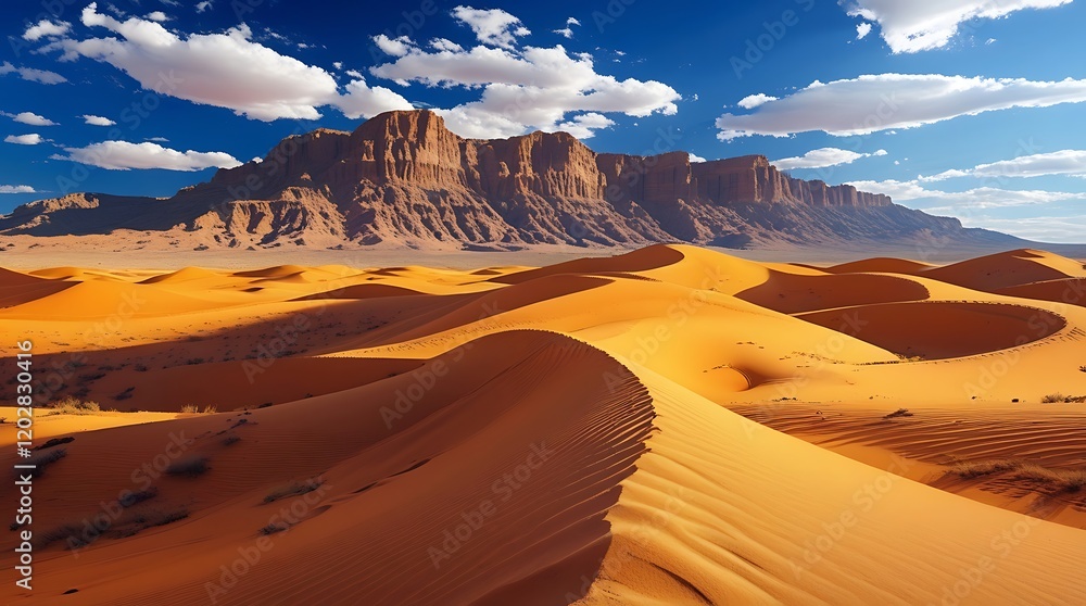Naklejka premium Majestic Mountain Overlooking Golden Desert Sand Dunes Under Blue Sky and Clouds, Showcasing the Serenity and Immensity of the Desert Landscape