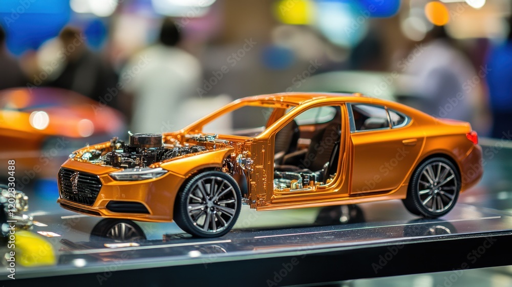 A cross-sectional model of a car showcasing internal components. A cross-sectional model of a car showcasing internal components.