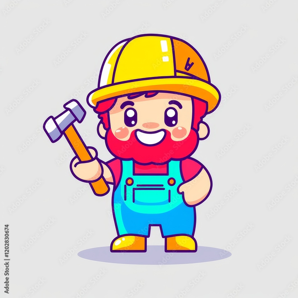 A cheerful cartoon character in a yellow hard hat and blue overalls holds a hammer, embodying a playful construction theme. A cheerful cartoon character in a yellow hard hat and blue overalls holds a hammer, embodying a playful construction theme.