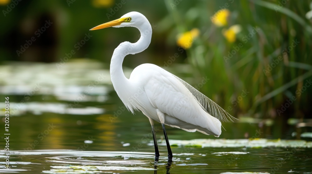 Naklejka premium White egret standing gracefully in a shallow pond, surrounded by reeds.
