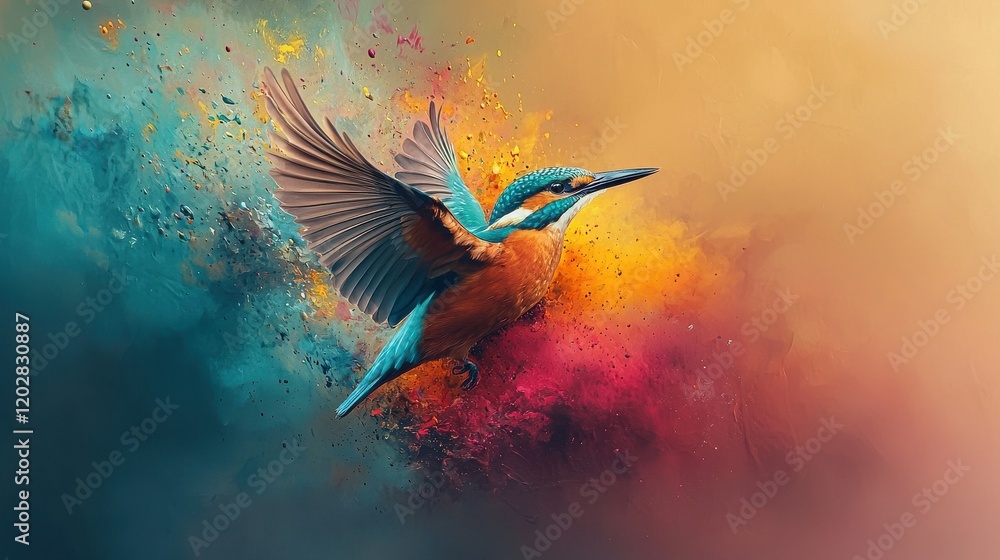 Obraz premium Vibrant bird emerging from colorful paint splashes nature scene artistic expression dynamic viewpoint