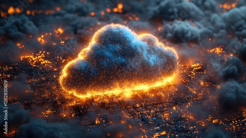A glowing cloud hovers over a fiery landscape, blending elements of nature and technology.