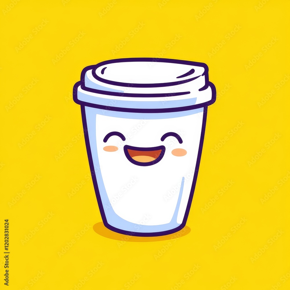 A cheerful cartoon coffee cup on a bright yellow background, exuding a fun and lively vibe. A cheerful cartoon coffee cup on a bright yellow background, exuding a fun and lively vibe.