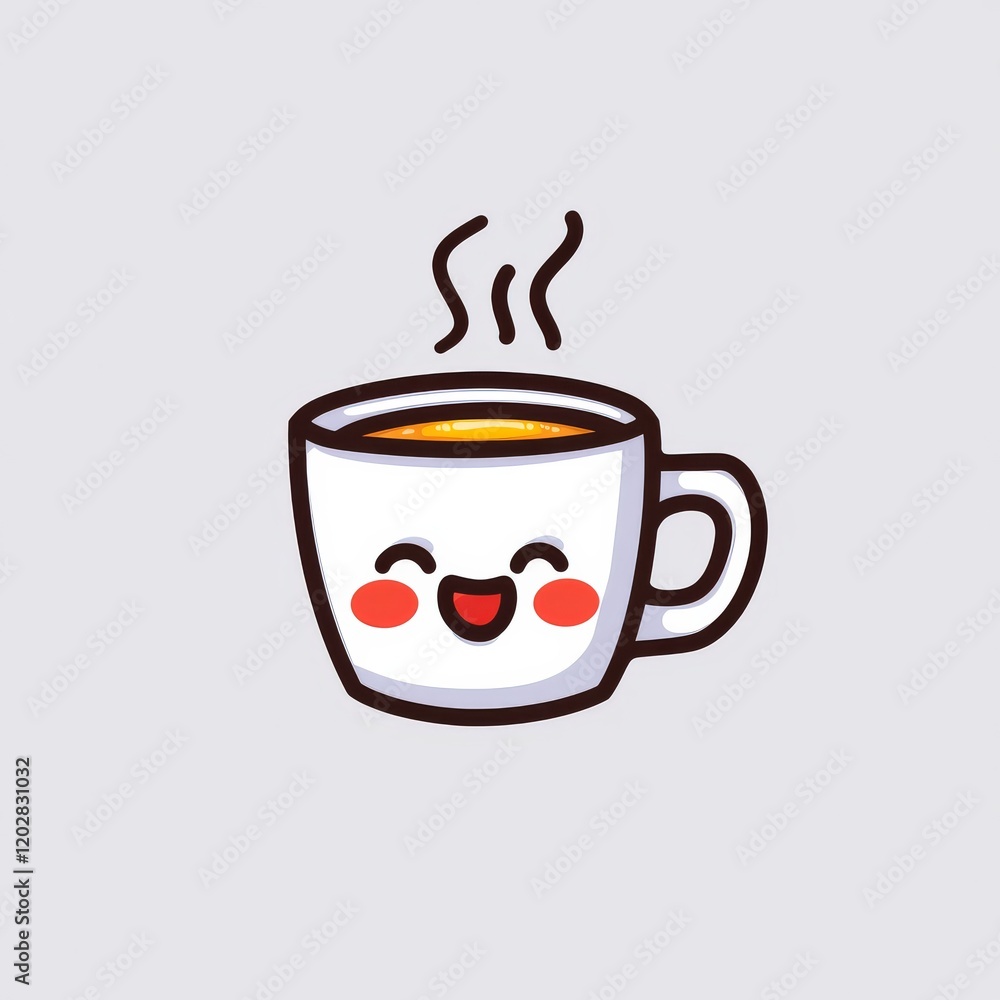 Obraz premium A cheerful, cartoon-style cup of coffee emits steam, featuring a smiling face, perfect for conveying warmth and happiness.
