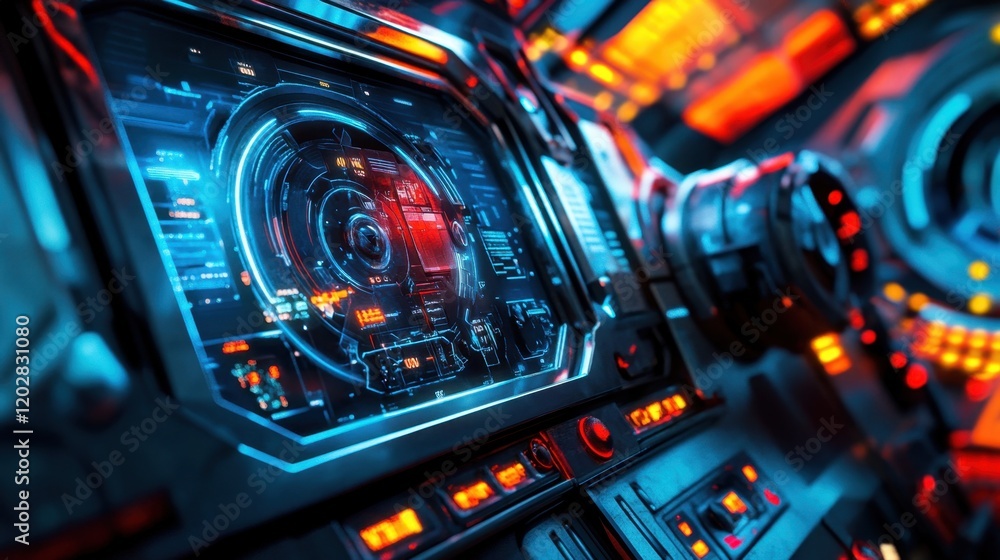 A detailed shot of a touchscreen interface with futuristic controls. A detailed shot of a touchscreen interface with futuristic controls.