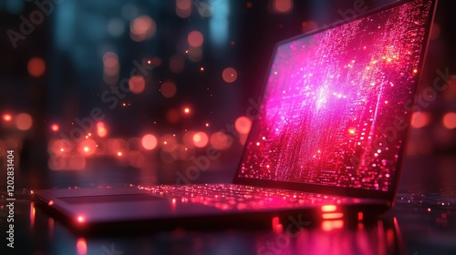 A glowing laptop displays vibrant, abstract digital patterns in a futuristic environment.