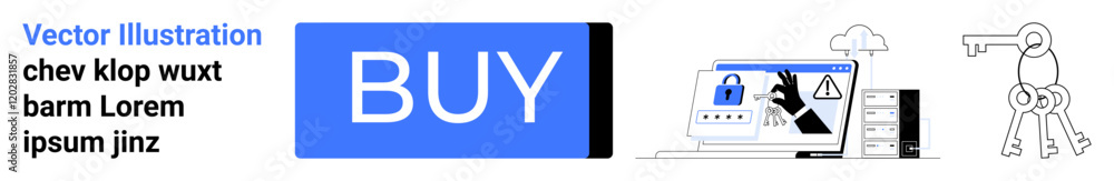 Buy button, lock icon, warning sign, computer monitor, cloud, tree, key outline. Ideal for e-commerce, cybersecurity, online shopping, web safety, digital authentication, secure transactions. Landing