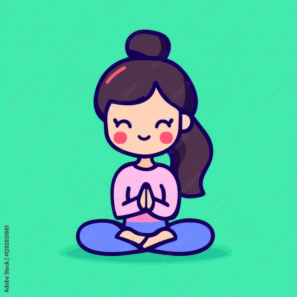 A cheerful cartoon girl sits cross-legged in a meditative pose, hands in prayer, on a bright green background. A cheerful cartoon girl sits cross-legged in a meditative pose, hands in prayer, on a bright green background.
