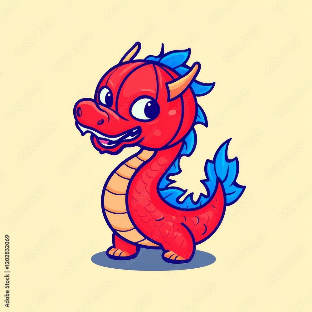 Fototapeta premium A cute, cartoon-style red dragon with blue spikes, featuring a friendly expression and a curvy body, set against a light background.