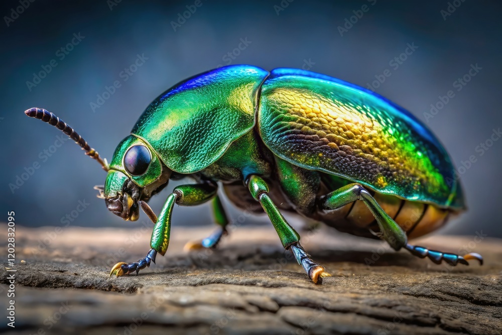 Fototapeta premium Iridescent beetle, vibrant green and blue, a jewel-toned macro shot against a dark backdrop.