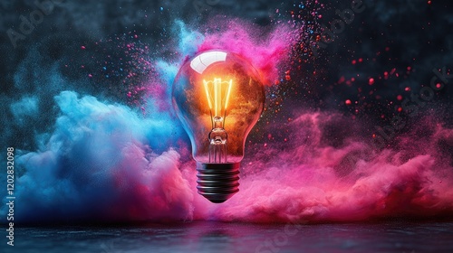 A glowing light bulb surrounded by colorful smoke, symbolizing creativity and innovation.