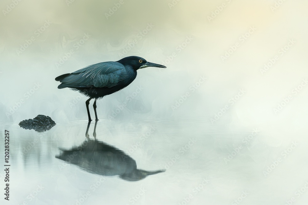 Reflective bird standstill in serene water nature dreamy environment mystic concept Reflective bird standstill in serene water nature dreamy environment mystic concept