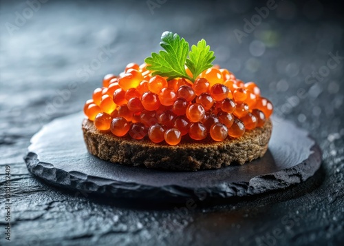 Kalix Löjrom: Exquisite Swedish caviar. Minimalist photography showcases its luxury on a stone plate. photo