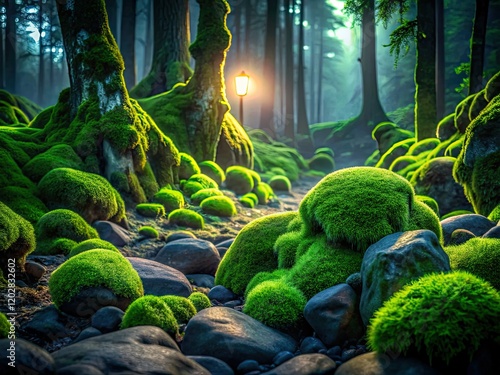 Luminous green moss glows enchantingly in a dark forest, its texture a vibrant night scene. photo