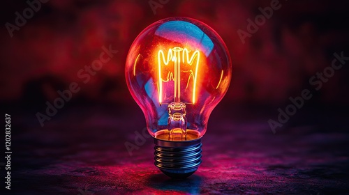 A glowing light bulb with an intricate filament design, set against a vibrant background.