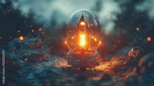 A glowing rocket encased in a glass dome, surrounded by a mystical, atmospheric landscape.