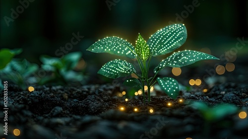 A glowing plant sprouts in dark soil, symbolizing growth and vitality in nature.