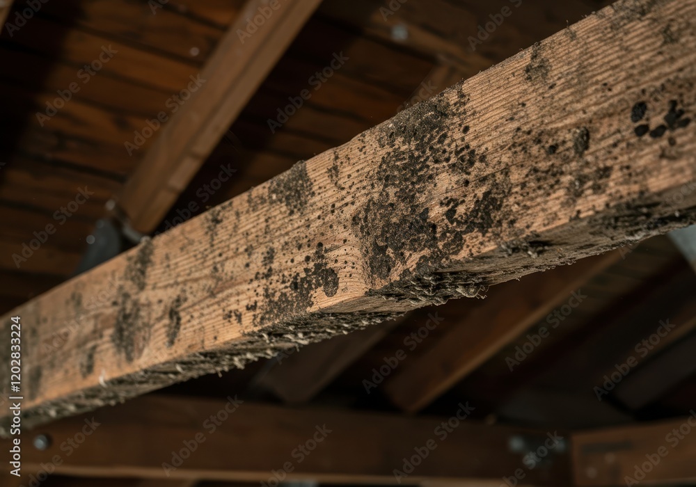 Mold growth on wooden beam in attic of an old building Mold growth on wooden beam in attic of an old building