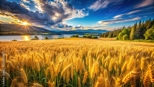 Ripening Wheat Field, Mjosa Lake, Summer Hedmark Norway Landscape photo