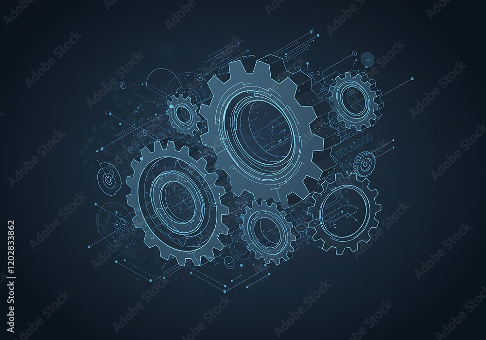 Invention renovation and development concept, gears and cogs with cad engineering drawing isometric 3D vector illustration, technology theme, machinery and engine creation Invention renovation and development concept, gears and cogs with cad engineering drawing isometric 3D vector illustration, technology theme, machinery and engine creation