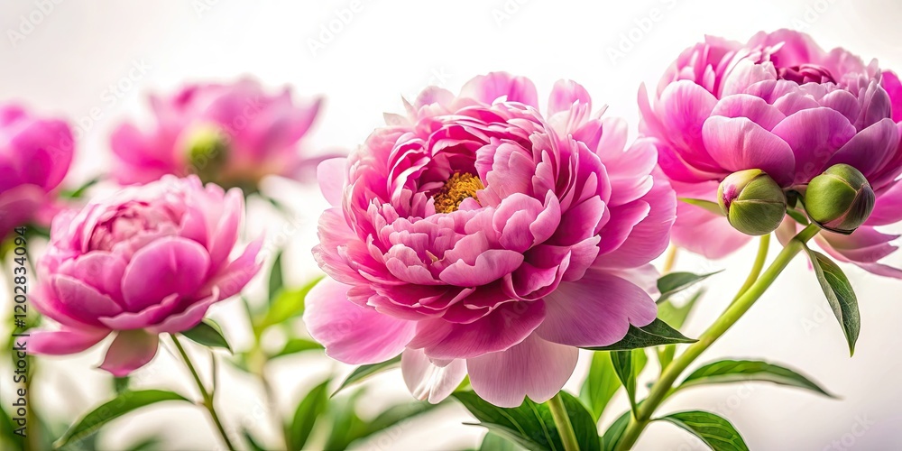Obraz premium Miniature peony blooms, isolated on white, showcased in a close-up tilt-shift macro photograph.