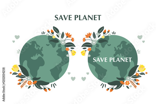 Green planet Earth in flat design on white background. Save the planet, save the earth, save the world. Vector illustration.