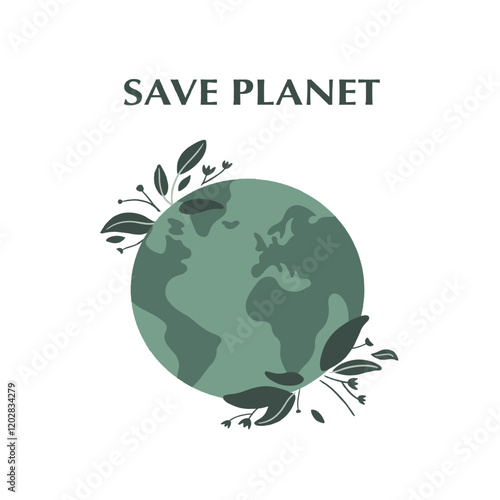 Green planet Earth in flat design on white background. Save the planet, save the earth, save the world. Vector illustration.