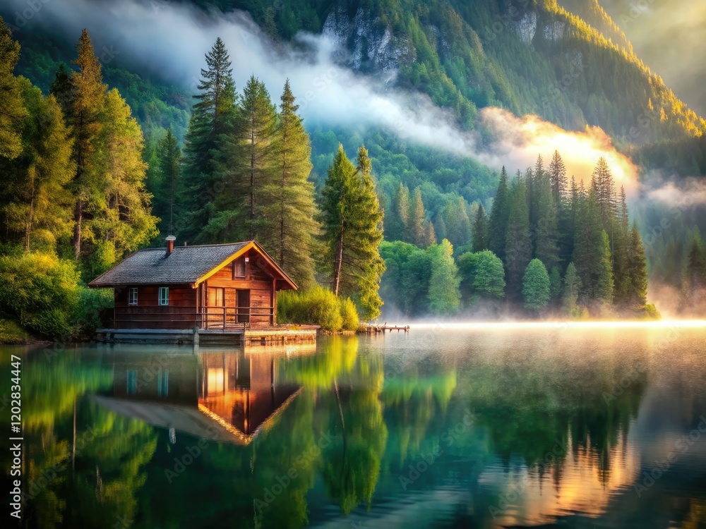 Fototapeta premium Misty mountain lake, sunrise bokeh. Peaceful cabin retreat.