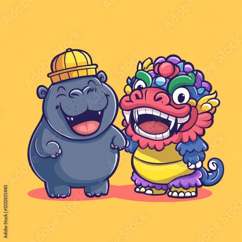 A cheerful cartoon hippo and a colorful lion dance figure share a joyful moment against a bright yellow background. photo