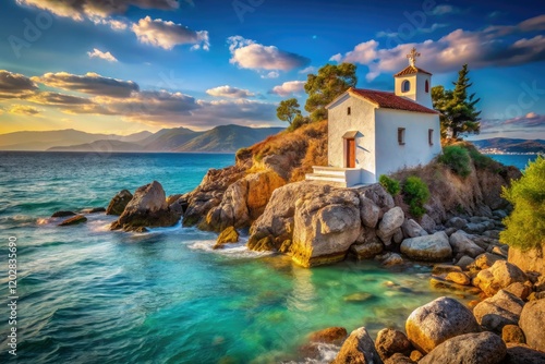 Picturesque Agios Nikolaos Church graces Karathonas Beach, Nafplio's stunning Argolida coastline. photo