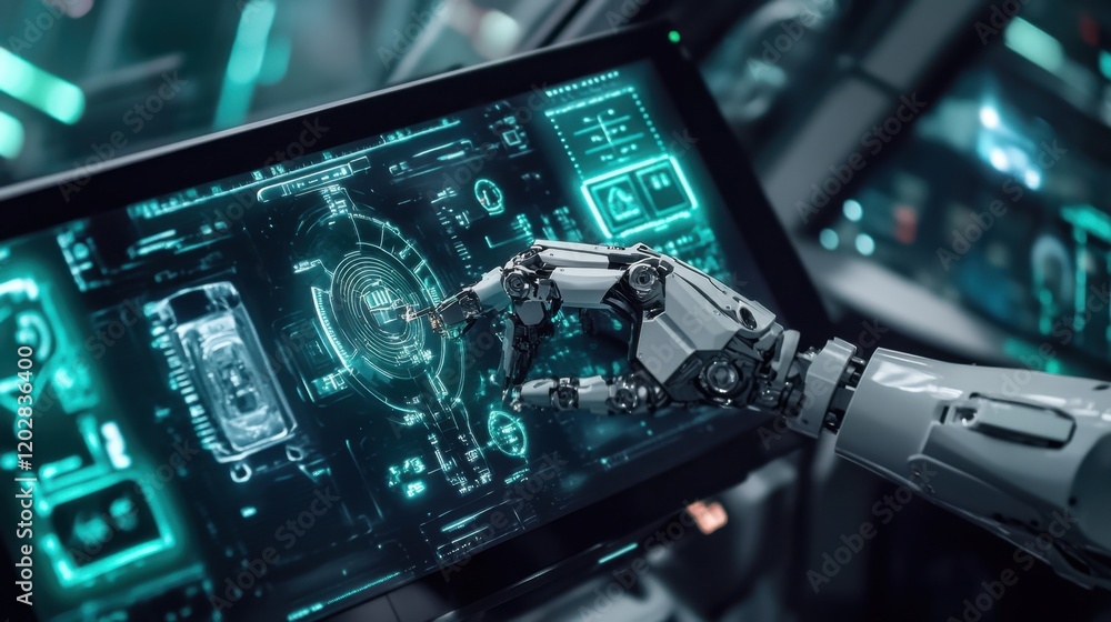 Fototapeta premium A modern robotic arm assembling small components on a car dashboard.