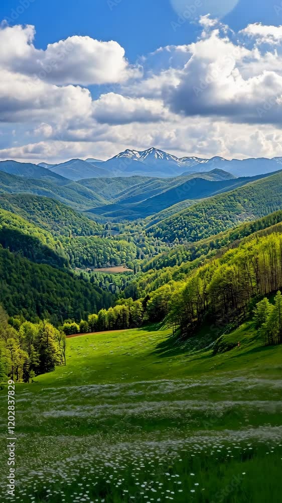 Stunning valley view with lush greenery and distant snow-capped mountains on a bright sunny day Stunning valley view with lush greenery and distant snow-capped mountains on a bright sunny day