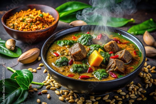 Savory Nigerian egusi soup: long exposure captures vibrant melon seeds, spinach, and beef. photo