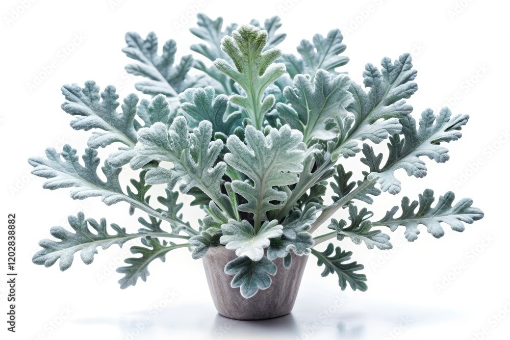 Fototapeta premium Silver-gray Senecio Cineraria, softly lit, stands out against a stark white backdrop. Minimalist dusty miller photography.