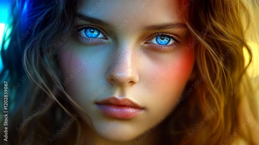 Girl with vibrant blue eyes and soft curls stands out against a colorful background showcasing creativity and beauty Girl with vibrant blue eyes and soft curls stands out against a colorful background showcasing creativity and beauty