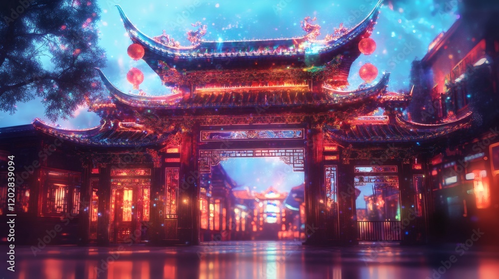 Enchanting Night in a Chinese Village Illuminated Gate and Lantern-Lit Streets Enchanting Night in a Chinese Village Illuminated Gate and Lantern-Lit Streets