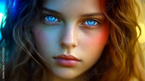 Wallpaper Mural Girl with vibrant blue eyes and soft curls stands out against a colorful background showcasing creativity and beauty Torontodigital.ca