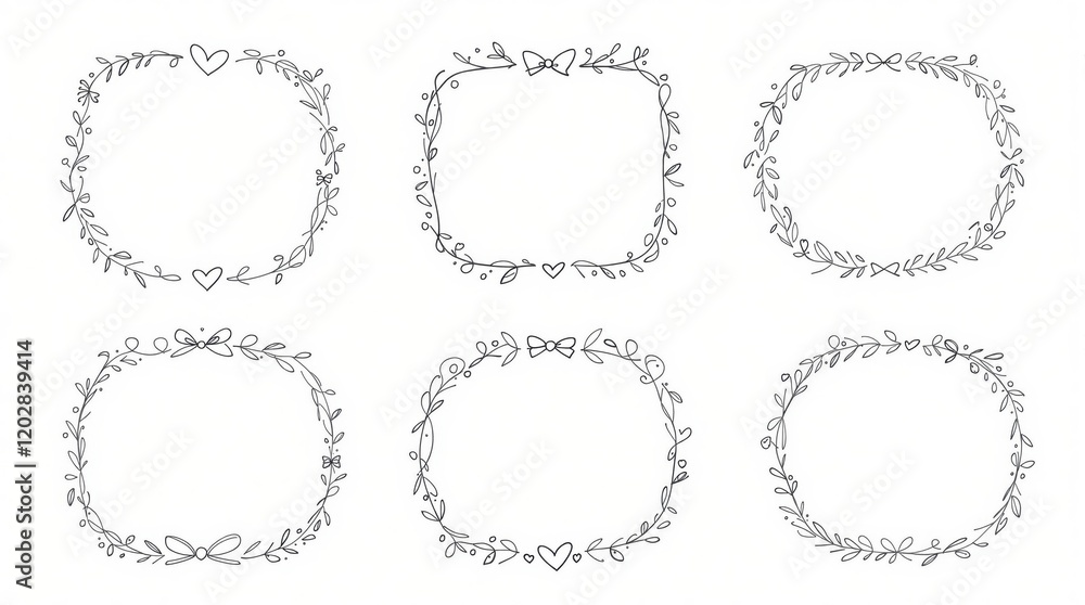 Hand-drawn floral frames set with heart and leaf elements Hand-drawn floral frames set with heart and leaf elements