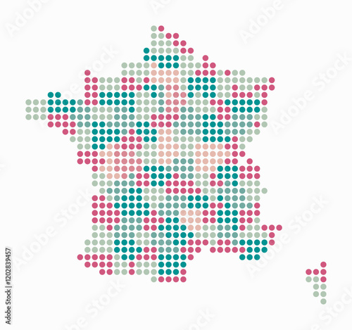 France dotted map. Digital style map of the country on white background. France shape with circle dots. Colored dots style. Large size circles. Plain vector illustration.