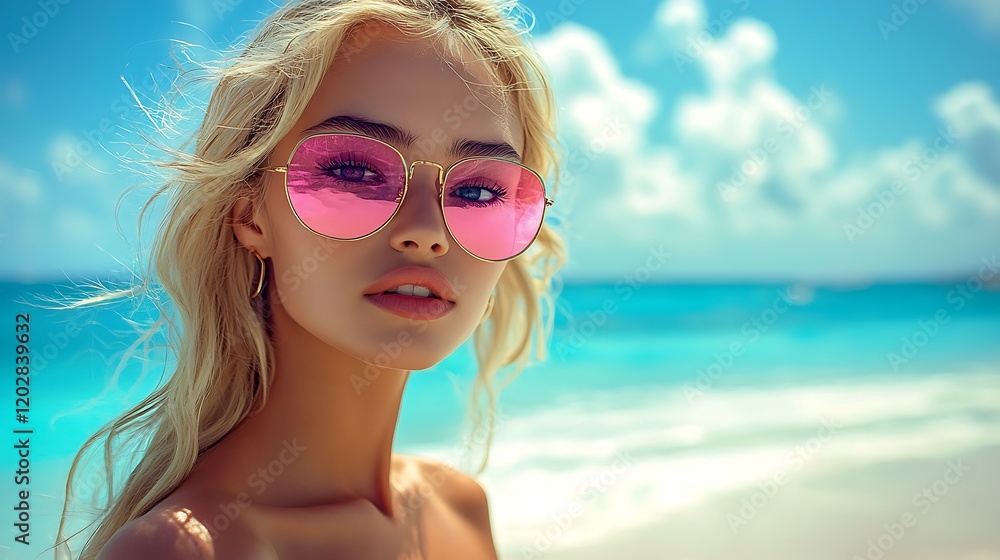 Beach portrait of a young woman wearing sunglasses tropical paradise relaxed Beach portrait of a young woman wearing sunglasses tropical paradise relaxed