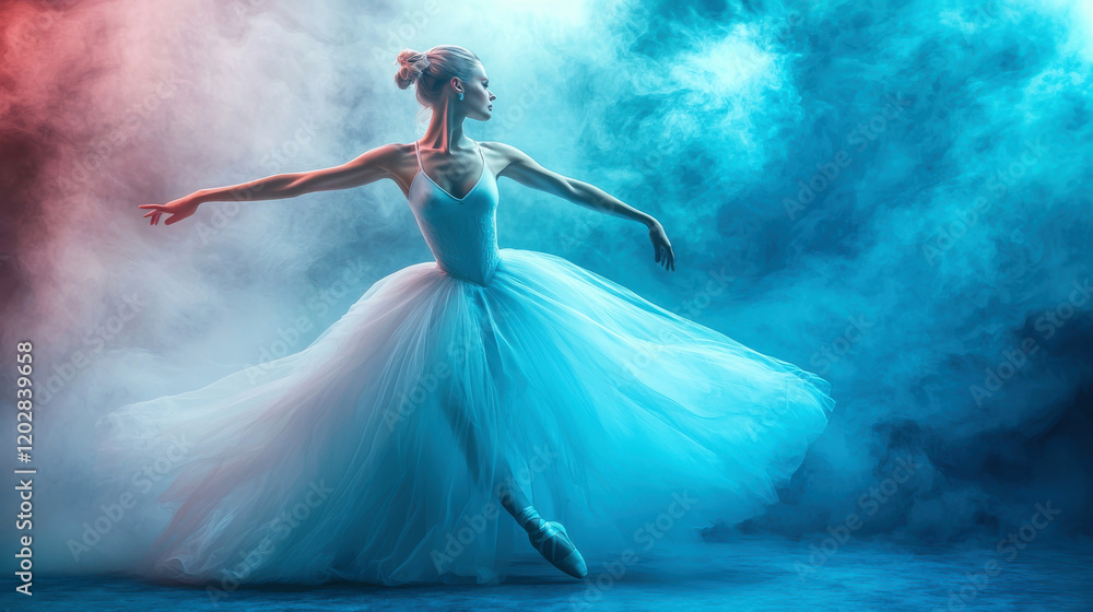 ballet dancer gracefully moving in blue and red smoky background, showcasing elegance and artistry ballet dancer gracefully moving in blue and red smoky background, showcasing elegance and artistry