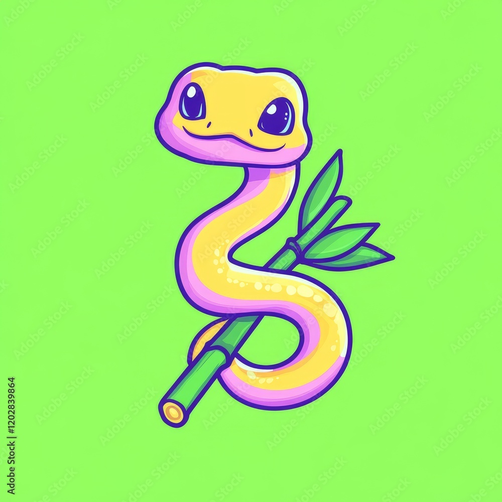Naklejka premium A cute, cartoonish snake with big eyes, coiled around a bamboo stick, set against a vibrant green background.