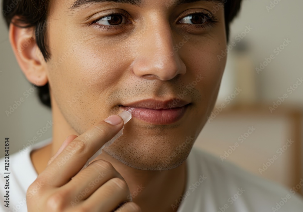 Man applying lip balm for soft lips skincare routine at home Man applying lip balm for soft lips skincare routine at home
