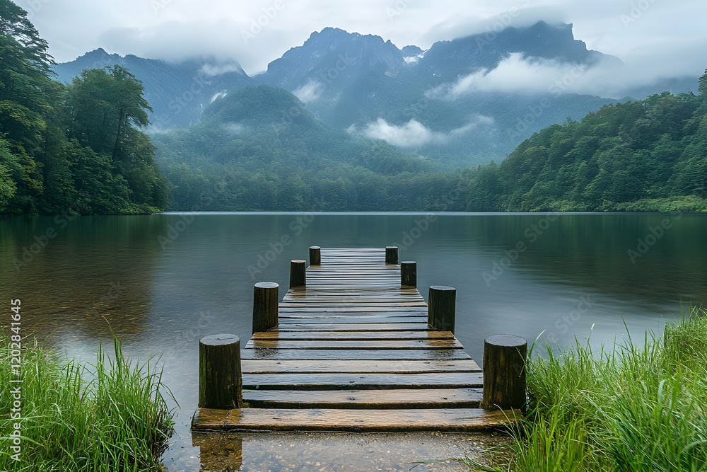 custom made wallpaper toronto digitalMisty mountain lake pier serenity